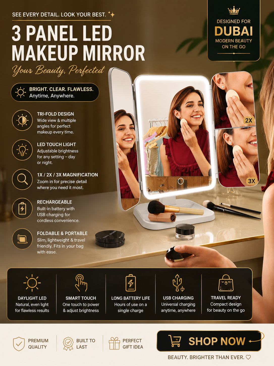 3 Folds Lighted Makeup Mirror