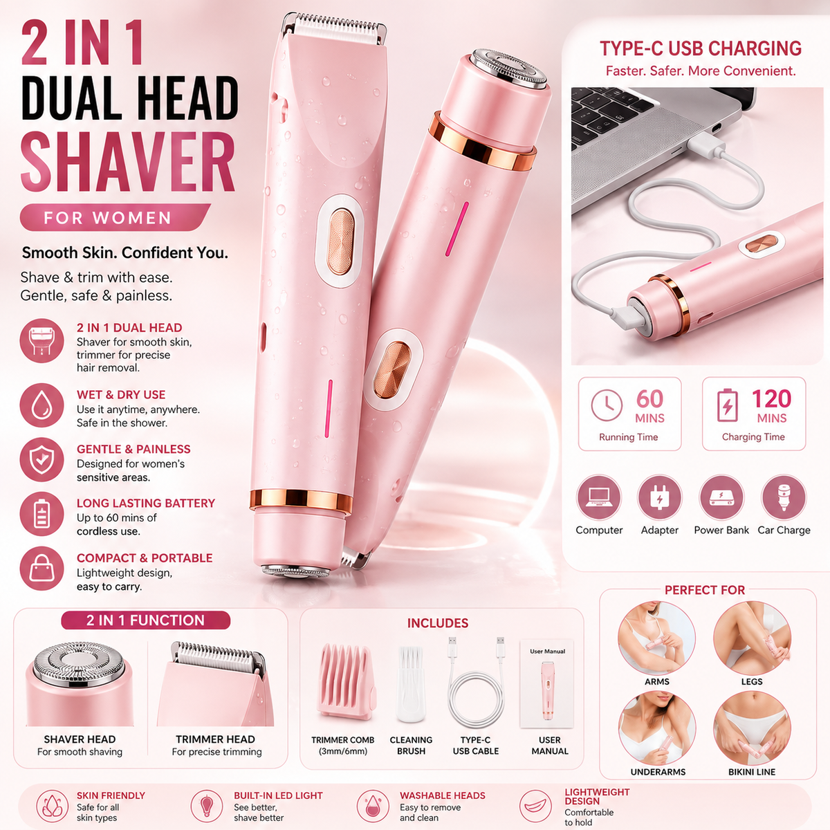 2 in 1 Dual Head Shaver Women