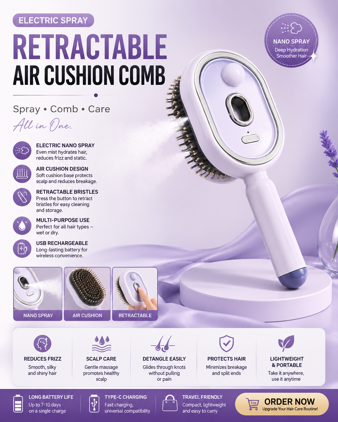 Electric Spray Retractable Air Cushion Comb