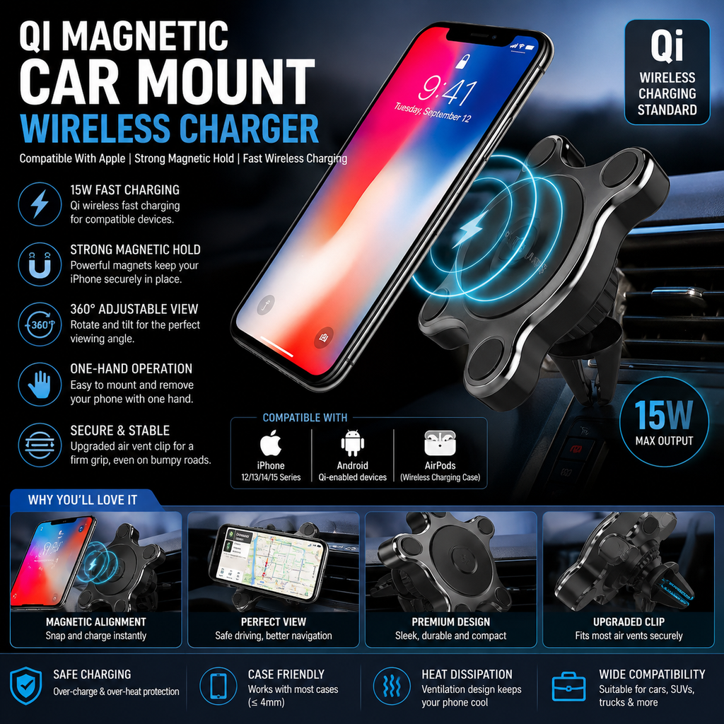 Compatible With Apple, QI Magnetic Car Mount Wireless Charger