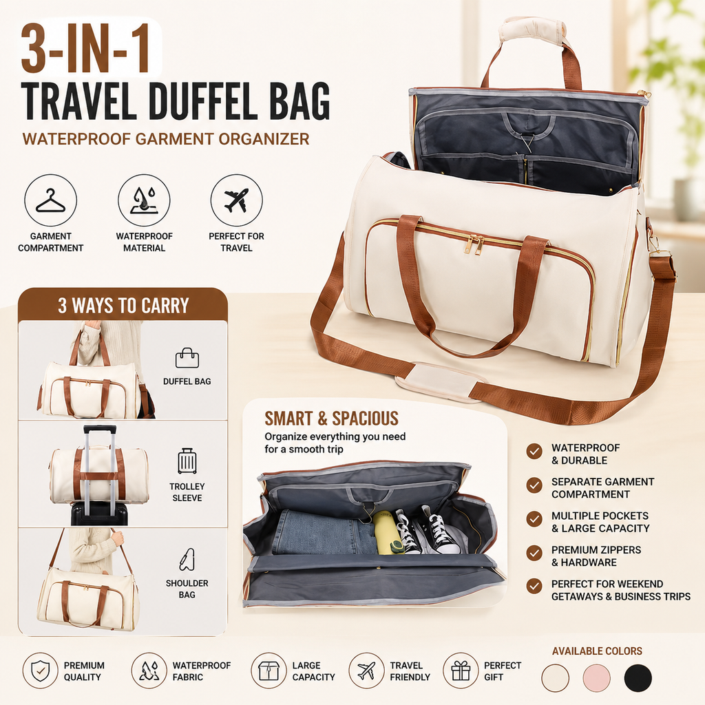 3-in-1 Travel Duffel Bag | Waterproof Garment Organizer